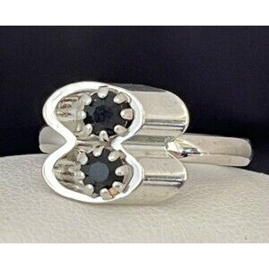 Vintage 1960s Cocktail Ring Mid Century Modern Silver Tone Black Rhinestone - 4J